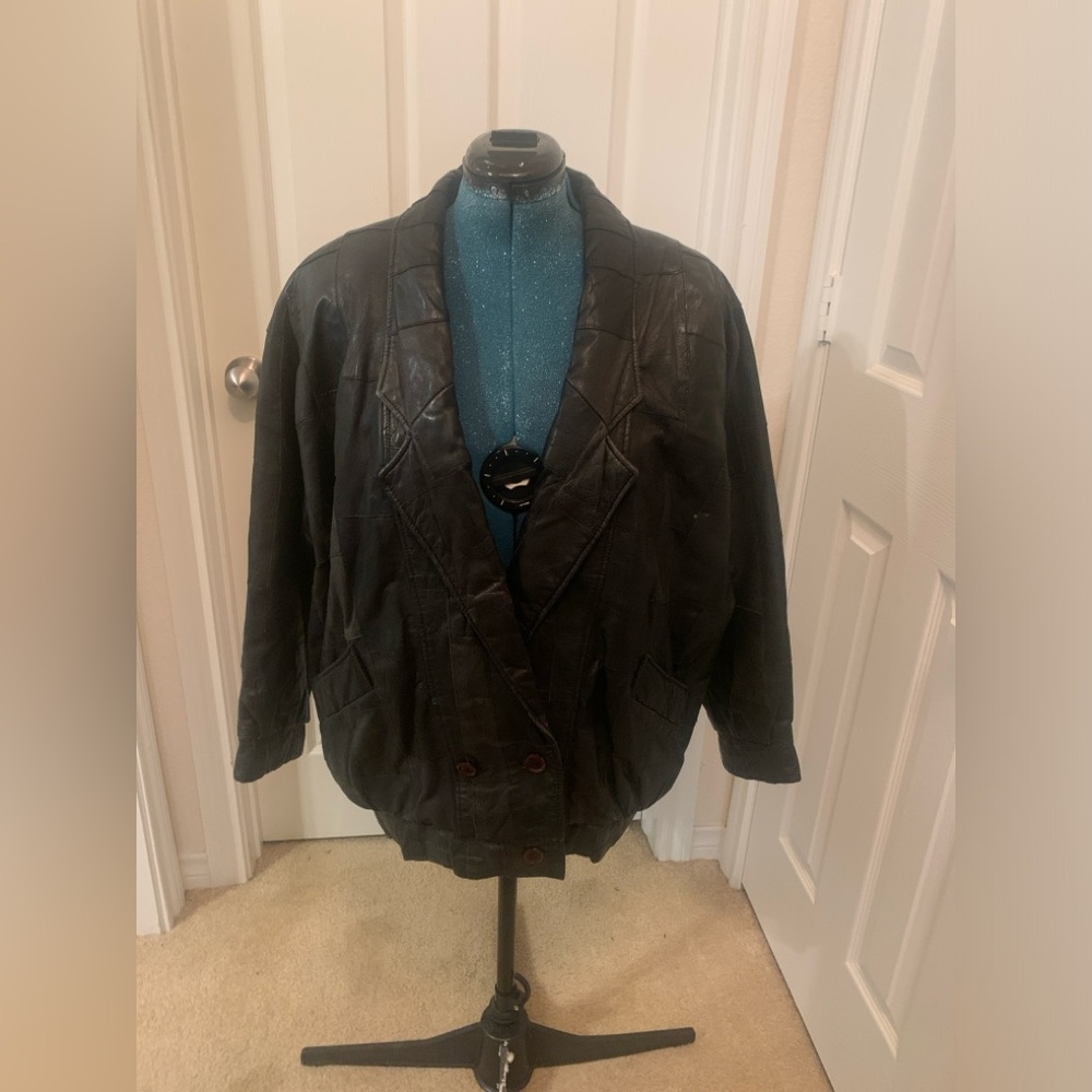 Women’s vintage black patchwork leather jacket by Burlington - Medium